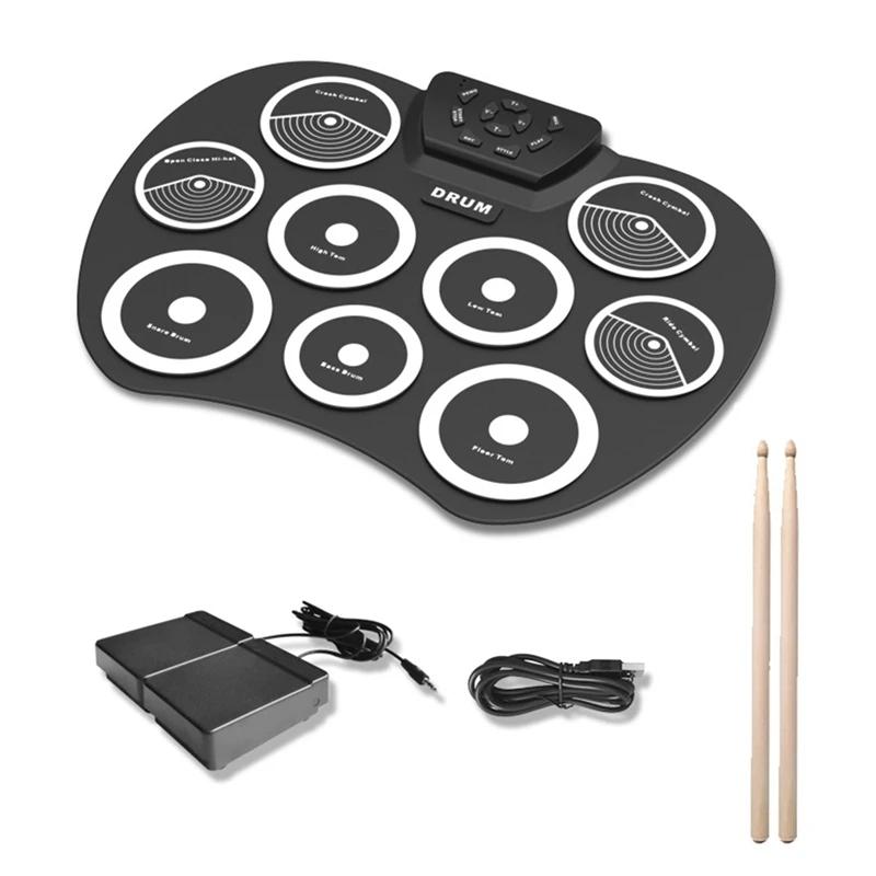 Mão-rolados bateria eletrônica Set com baquetas pedais, bateria portátil Set, interface MIDI, suporta jogos DMX, 9-Pad - Image 1