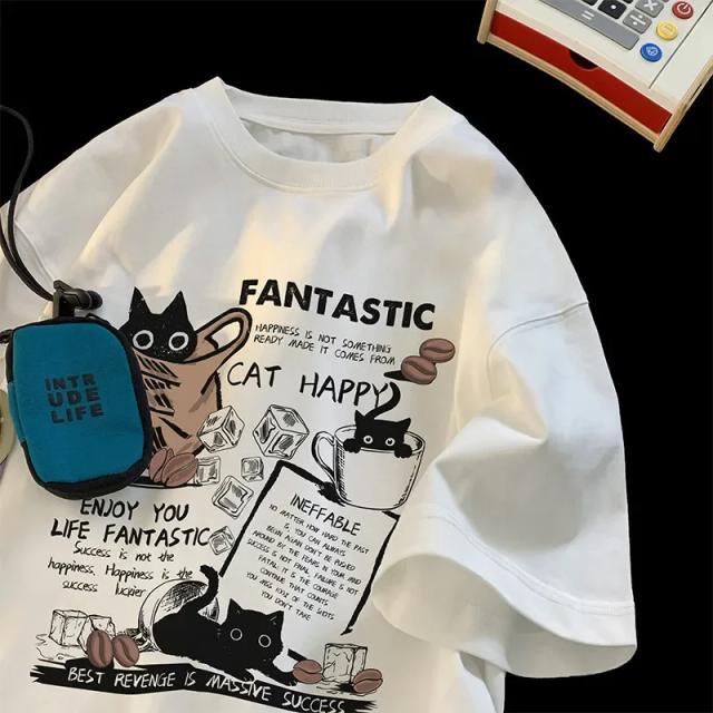 Camiseta Casual Manga Curta Gato Grupo Impresso Versão Coreana Oversize