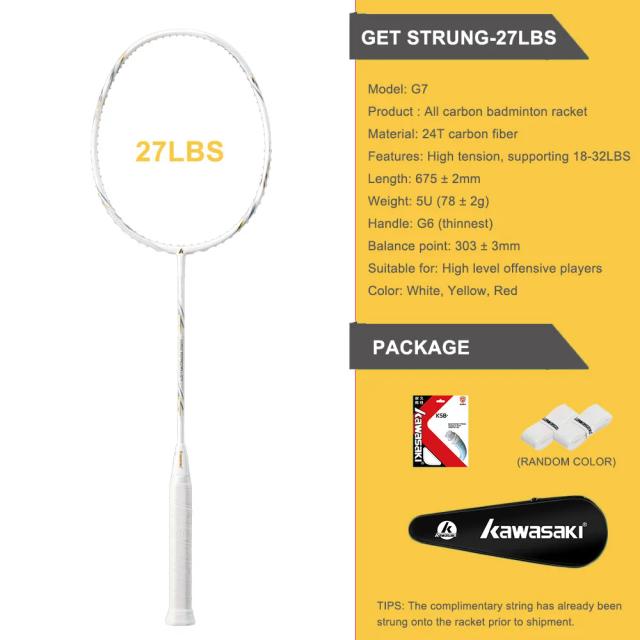 Kawasaki Raquete de Badminton G7 Fibra de Carbono 5U 78g