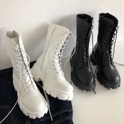Nova meados de bezerro botas femininas outono inverno moda rendas senhoras chelsea zíper botas mujer botas esportivas plataforma salto senhoras sapatos - Image 1