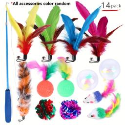 Conjunto Interativo Brinquedo Pena para Gato, Varinha Retrátil com Cabeça De Substituição De Recarga, Pet Teaser, 14Pcs - Image 1