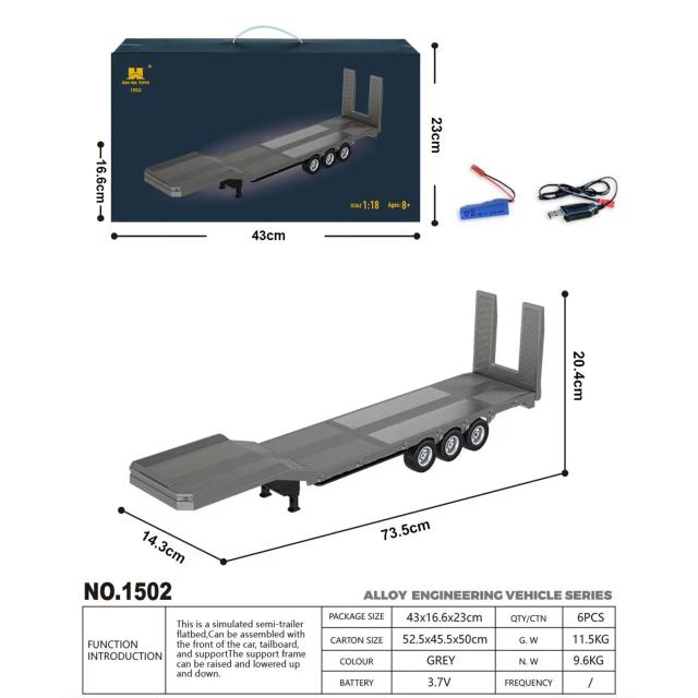 HUINA 1502 Semi Reboque Flatbed 1/18 73.5cm com Pernas Eletrônicas