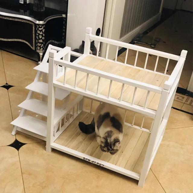 Cama de Cachorro de Madeira Maciça em Camadas com Escadas - Móvel Durável e Colorido para Pets