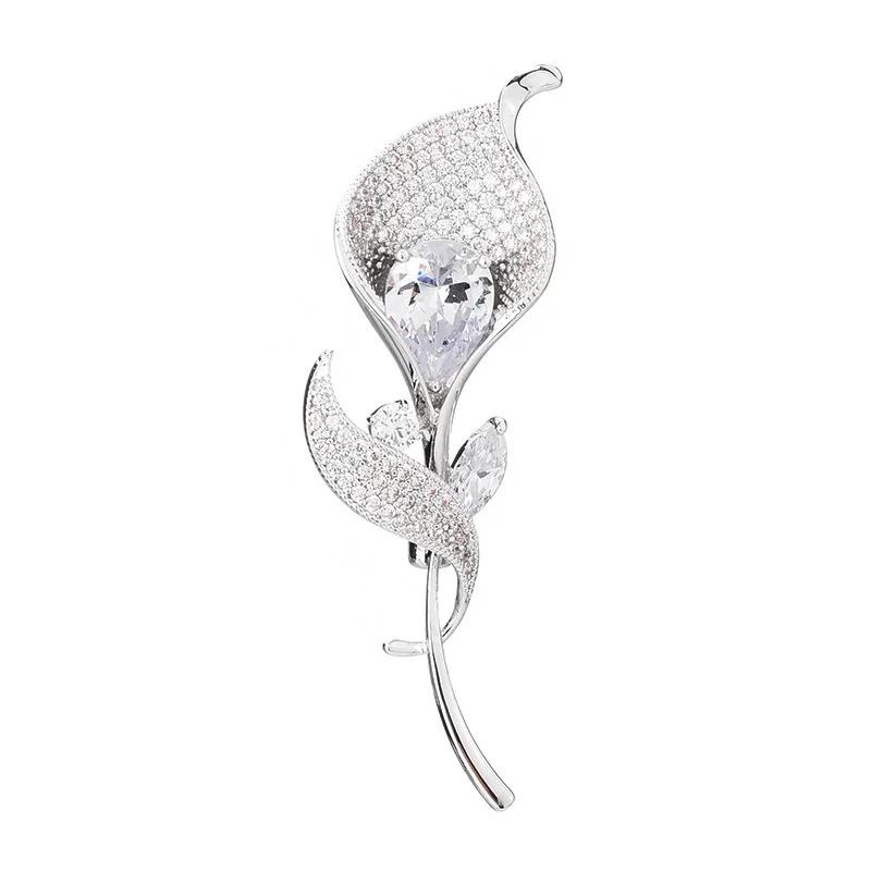 Broches de flores de cristal para mulheres, broche de tulipa banhado a prata, alfinetes de lapela, elegante, corpete, vestido de luxo, joia de zircônia, presente - Image 1