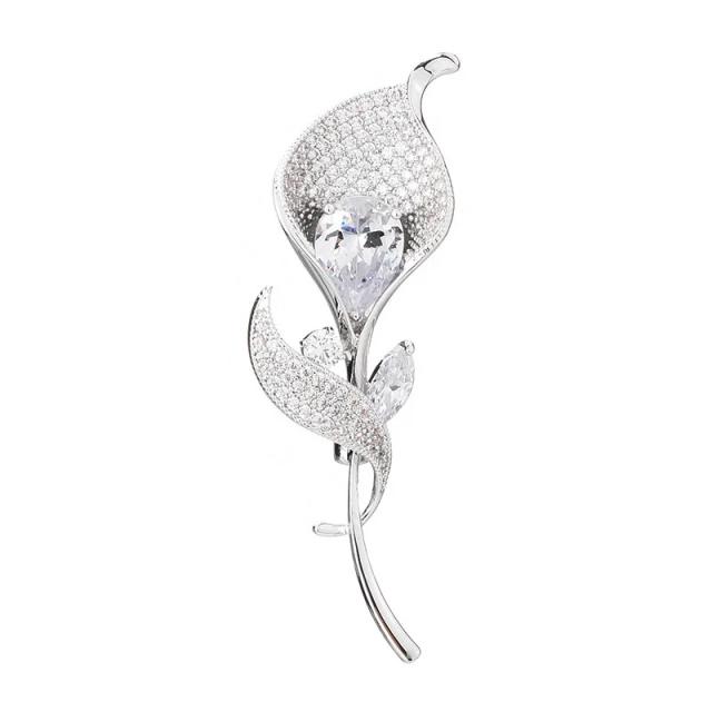 Broche de Tulipa Banhado a Prata com Cristais, Elegante Acessório para Vestidos de Luxo e Presentes Especiais para Mulheres