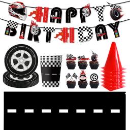 Suprimentos para festa de carro de corrida para meninos, banner de feliz aniversário, placas e guardanapos de carro de corrida verificados, copos de pista de corrida, toppers de bolo de roda - Image 1