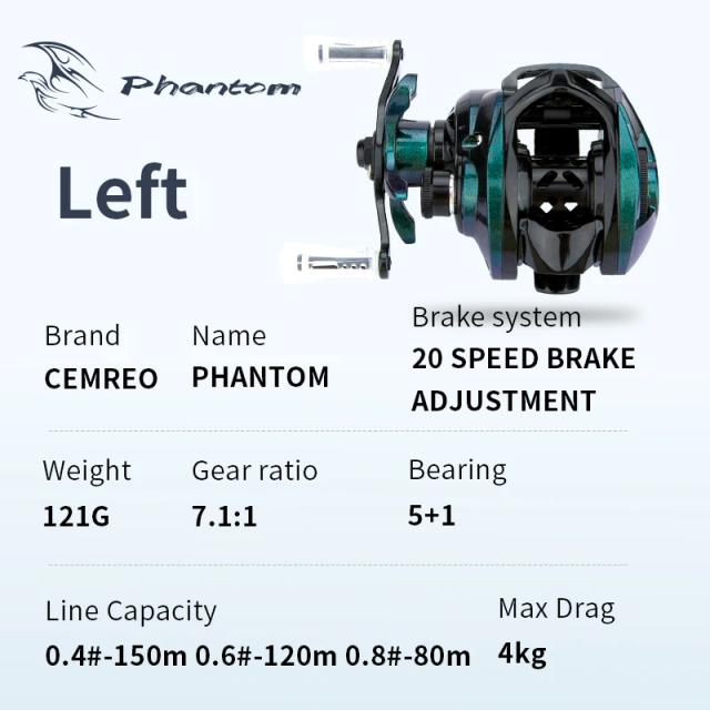 CEMREO PHANTOM Carretel de Pesca Bait Casting Corpo Pequeno 7.1:1 Sistema Freio Magnético