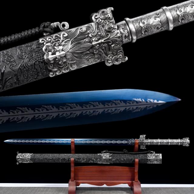 Chinês Kongfu Han Jian Espada, 1060 Lâmina De Aço Carbono, Real Full Tang, Sharp, Pronto Punho De Metal Batalha, Prata Arma Do Dragão, Katana