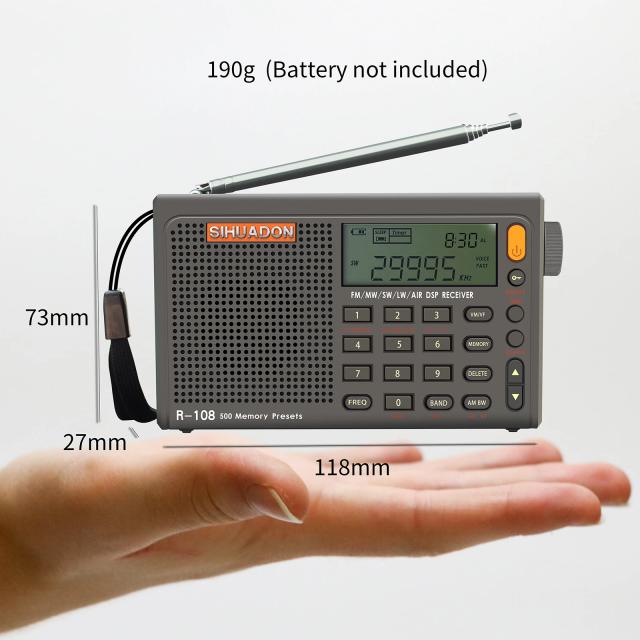 Receptor de Rádio Digital Portátil SIHUADON R-108 - Estéreo, FM, AM, SW, MW, LW com Baterias e Bandas Completas