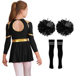 Uniforme de torcida para crianças, manga comprida, tops com saia, meias pompons, festa de carnaval de Halloween, líder - Image 4