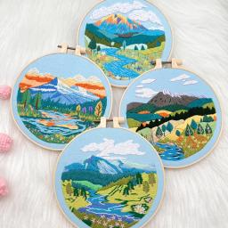 Bordado Starter Kit para adultos iniciantes, paisagem, montanha, natureza, cenário padrão, mão conjunto com pano, agulhas - Image 1