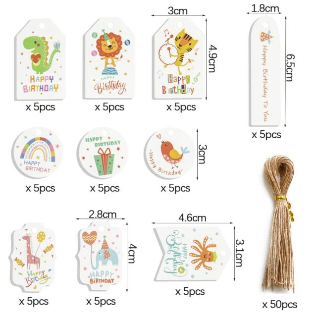 Etiquetas de Papel Decorativas para Embrulho de Aniversário com Temas de Animais - 50 Peças com Leão, Dinossauro e Pássaro