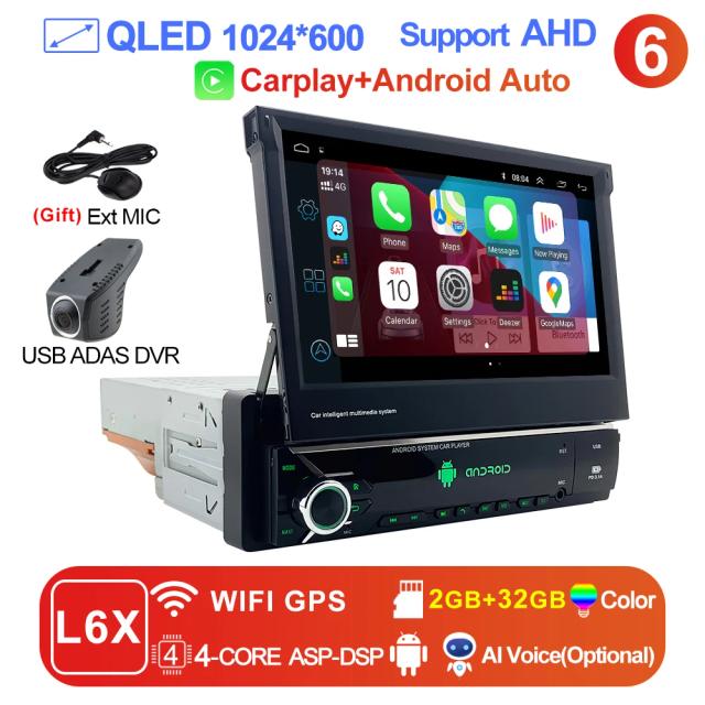 Rádio Multimídia Universal Auto 1 Din com Tela Retrátil 7" QLED, Android 11, GPS, 4G e CarPlay