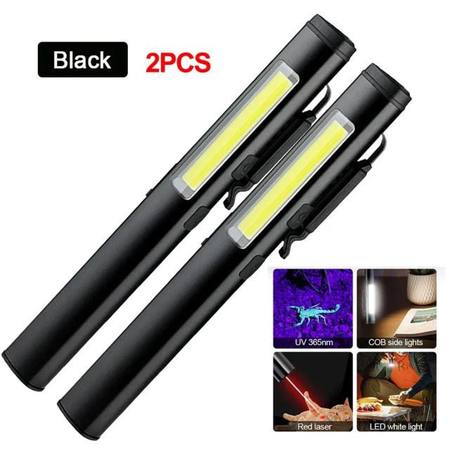 Lanterna LED Recarregável 4 em 1 com Luz UV e COB para Camping e Reparos - Mini USB, 800mAh, Clip para Caneta