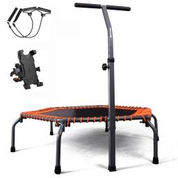 Trampolim Fitness dobrável com corrimão ajustável, corda elástica e suporte do telefone móvel, 50" - Image 1