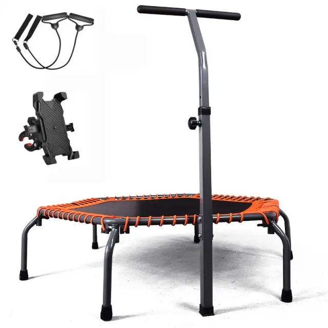 Trampolim Fitness Dobrável com Corrimão Ajustável, Corda Elástica e Suporte para Smartphone de 50"
