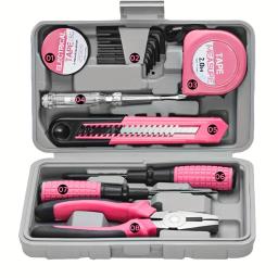 Conjunto de ferramentas domésticas para mulheres, rosa, bricolage, 13pcs kit básico inicial para senhoras, ferramentas básicas para casa, escritório e dormitório universitário - Image 1