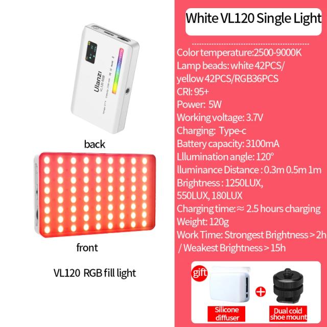 Luz de Vídeo Ulanzi VL120 RGB com Brilho Ajustável de 2500K a 9000K para Iluminação Profissional em Estúdios Fotográficos