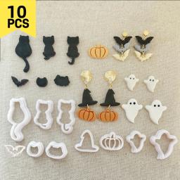 Polymer Clay Cutting Mold Set, Série Halloween, Fantasma, Morcego, Abóbora, Brincos DIY, Fazer Jóias, 10 Pcs - Image 1