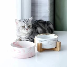 Tigela de cerâmica marmorecom suporte de madeira para animais, tigelas duplas para comida e água, suprimentos de alimentação elevados para filhotes pequenos e gatos - Image 1
