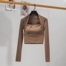 Almofada de peito fitness esportes topo feminino camisas de manga longa pra acelerar curto elegante dança yoga roupas pequena cintura ginásio - Image 5