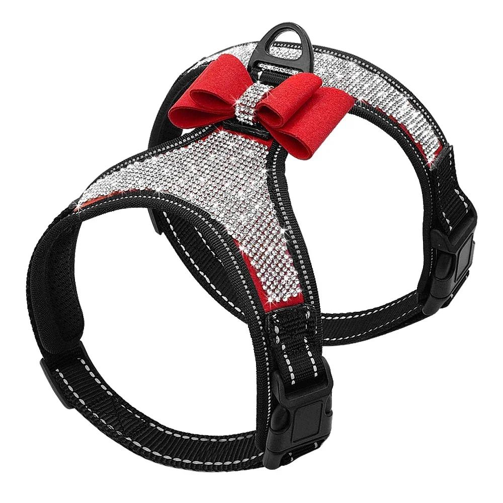 Rhinestone bowknot arnês colete para cães, reflexivo anti-perda nylon leash colarinho para gatos, acessórios de caminhada de Bling - Image 1