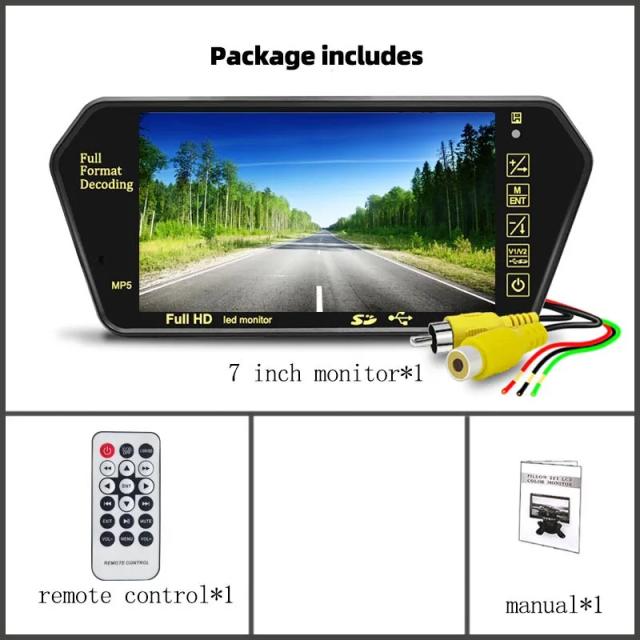 Monitor de Estacionamento de 7 Polegadas LCD Full HD com Espelho, Bluetooth, USB, FM e Display Automático para Câmera Traseira do Carro