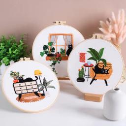DIY bordado bordado ferramentas para iniciantes, casa costura, artesanato kit, conjunto, flores, plantas, gato padrão, artesanal, novo - Image 4