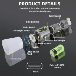 USB Recarregável RBG Lanterna LED, Poderoso Mini EDC, Lanterna Tática, 18350 Bateria, Acampamento ao ar livre, Tocha de Pesca, 2000LM, Uso em 18350 - Image 3