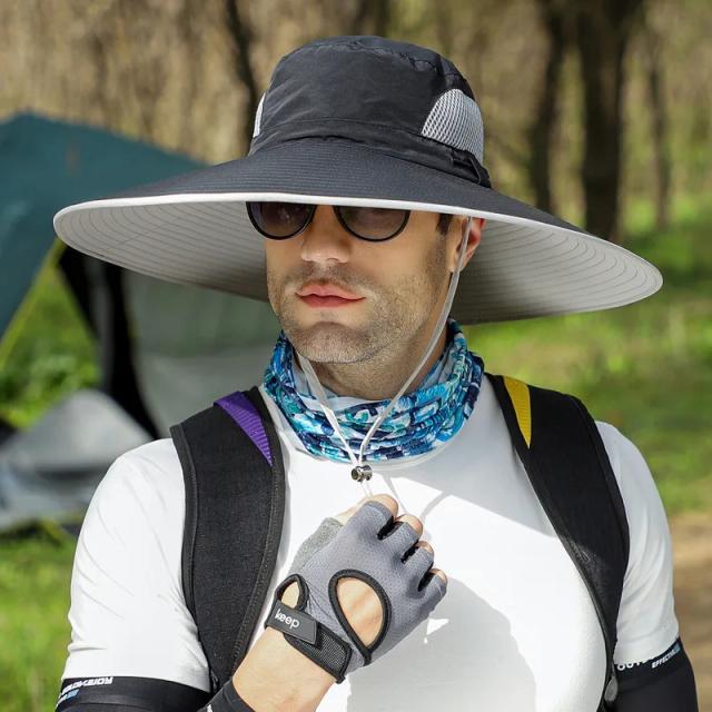 Chapéu Masculino de Aba Grande para Proteção Solar e Montanhismo com Suporte para Pescoço e Rosto, Ideal para Verão 15cm