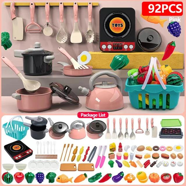 Conjunto de Brinquedos de Cozinha Infantil 92 Peças Kit Acessórios com Panelas Comida de Fingir