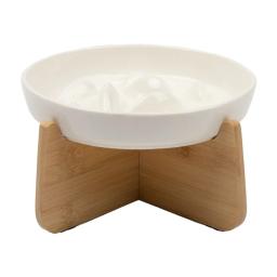 Tigela de gato cerâmica com cremalheira de bambu Alta tigela de comida lenta, Tigela de estimação antiasfixia, Proteção da coluna cervical - Image 3
