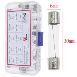 50 pces 6x30mm lentos sopro tubo de vidro fusível sortidas caixa kits t1a 2a 3a 3.15a 5a 6.3a 8a 10a 12a 15a - Image 1