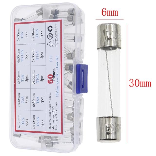 Kits de Tubos de Vidro Fusíveis Sortidos 50 Peças 6x30mm - T1A a 15A