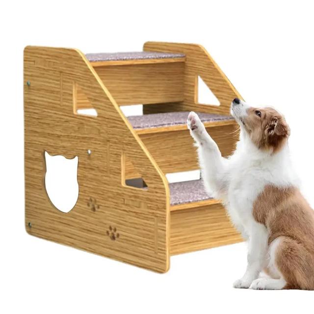 Escada de Madeira Antiderrapante para Pets com 3 Níveis - Ideal para Cães Médios, Pequenos e Gatos Idosos