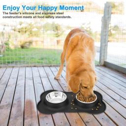 Tigela de cachorro dupla antiderrapante com esteira de silicone, aço inoxidável durável, alimentador de água, pet feeding, tigelas para cães e gatos - Image 2