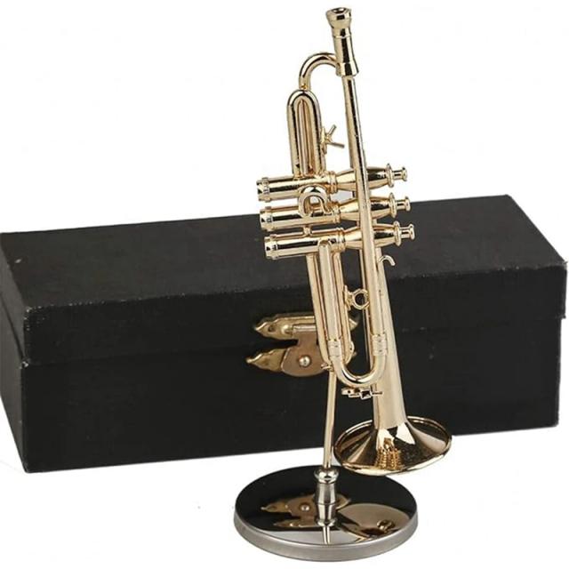 Trompete Miniatura com Suporte e Estojo - Réplica Decorativa Durável para Casa
