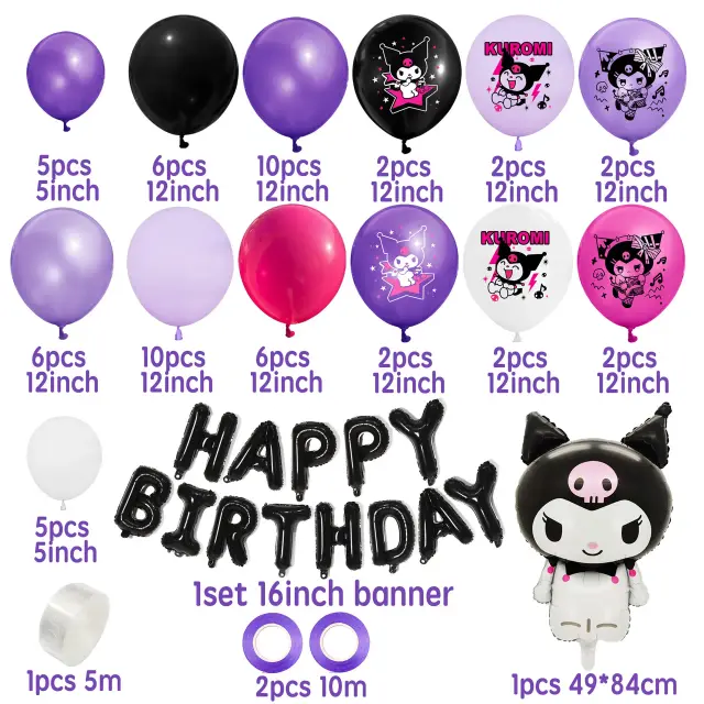 Balões Kawaii Kuromi para Aniversário e Baby Shower - Kit de Decoração Temática para Crianças