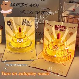 Cartões com envelope para meninas, bolo de aniversário musical 3D, luz LED, pop-up, cartões postais para todas as ocasiões, esposa de menina e filho - Image 1