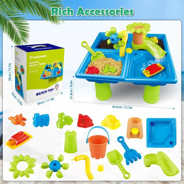 Mesa de Água de Verão para Crianças 4 em 1 com Chuveiros de Chuva e Brinquedos Splash Pond para Atividades Sensoriais e Areia ao Ar Livre - 24 Peças