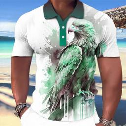 Camisa polo com estampa águia animal masculina, estampa 3D, colarinho de botão, casual, manga curta Tops grandes, roupas de moda masculina, verão - Image 5