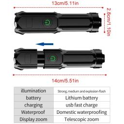 Lanterna Tática LED Poderosa, 100000 Lumen, USB Recarregável, 18650 Impermeável, Zoom, Caça, Pesca - Image 2