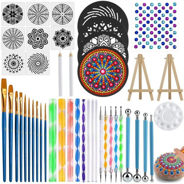 Conjunto Completo de Ferramentas para Pintura em Mandala com 45 Peças, incluindo Estêncil, Mini Cavalete e Acessórios Artísticos