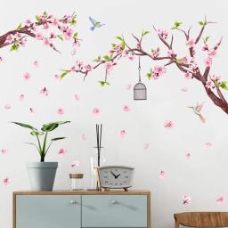 Adesivos de parede florais para quarto e sala de estar, flor de pêssego rosa, ramo de flores e pássaros, decalques para decoração - Image 4