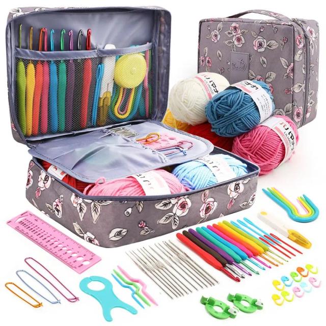 Conjunto de Crochê Ergonômico com Kit de Agulhas de Tricô e 59 Acessórios DIY com 5 Rolos