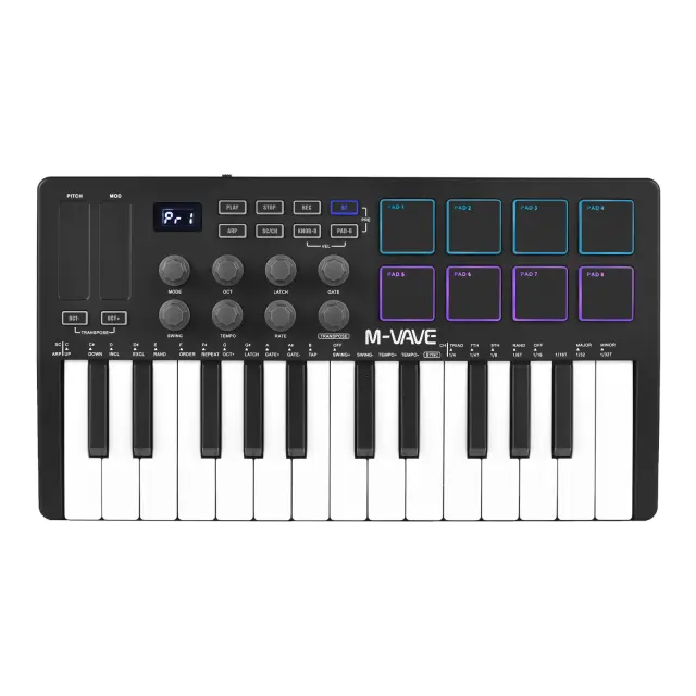 Controlador MIDI USB Portátil M-VAVE com 25 Teclas, 8 Almofadas de Bateria Retroiluminadas e Instrumentos de Teclado RGB