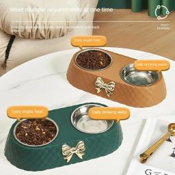 Suprimentos para animais de estimação gravata borboleta tigela de comida para gatos base pp tigela para cães de aço inoxidável dupla camada acessórios para animais de estimação alimentação e beber arco duplo - Image 3