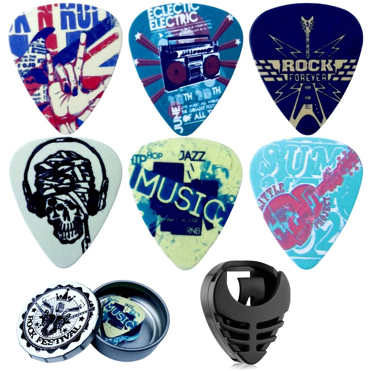 Miwayer-Art Cool Guitar Pick na caixa de Metal, Black Pick Holder, presente original para baixo, elétrico e Acou, médio, pacote de 6 - Image 1