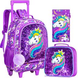 Mochila rolante para meninas e crianças, saco de rolo com lancheira, design de caneta padrão de unicórnio, função luminosa, 3 peças - Image 1