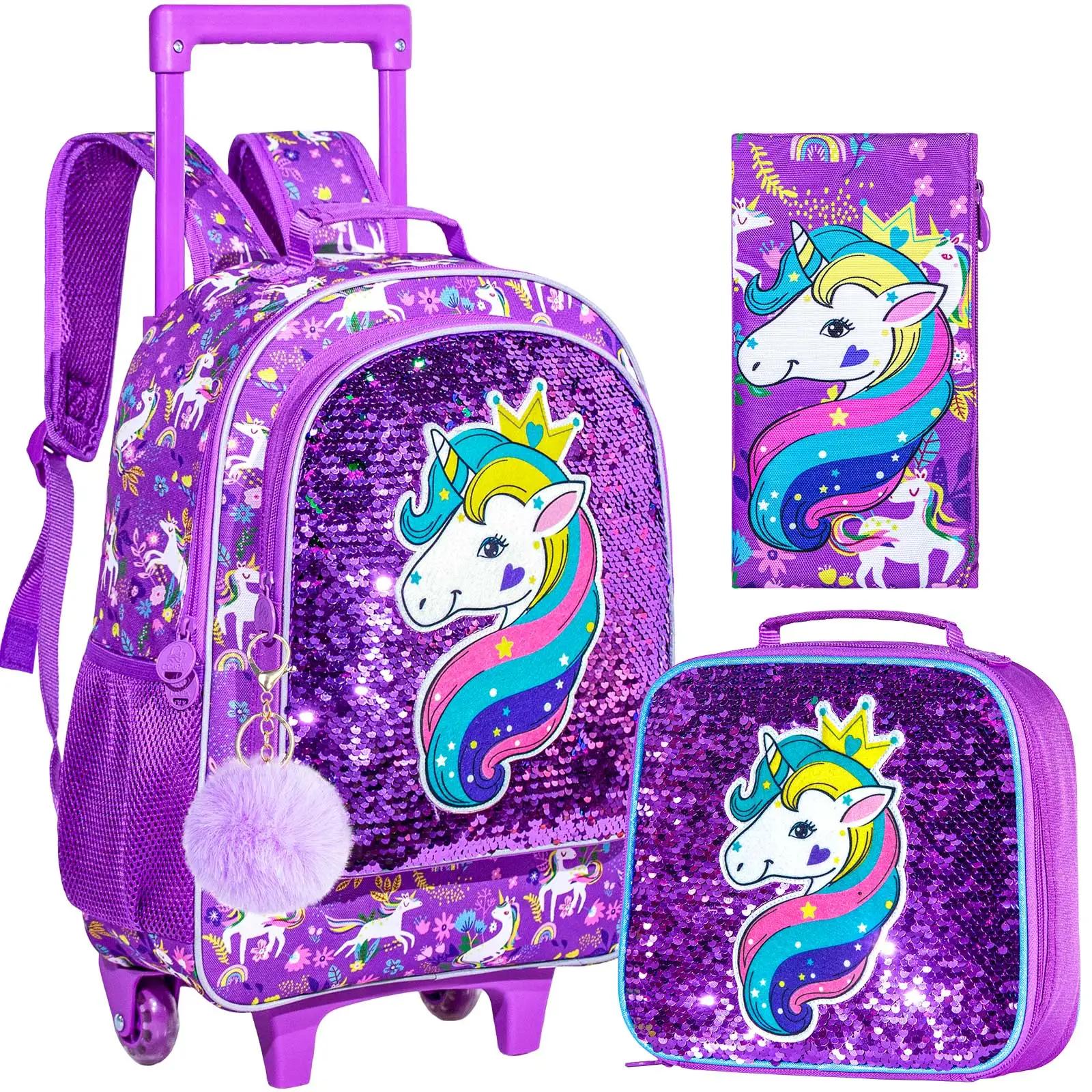 Mochila rolante para meninas e crianças, saco de rolo com lancheira, design de caneta padrão de unicórnio, função luminosa, 3 peças - Image 1